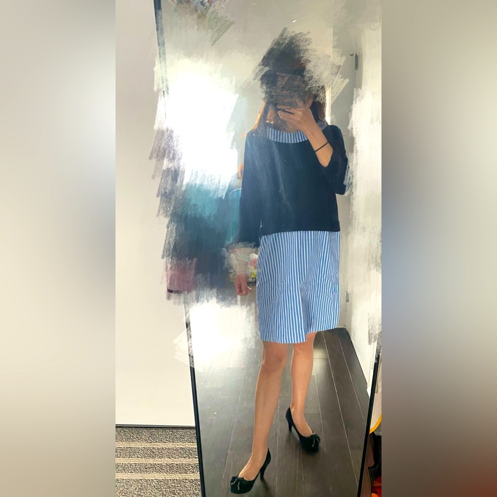 COS Blue and White Striped Midi Dress with Navy Overlay